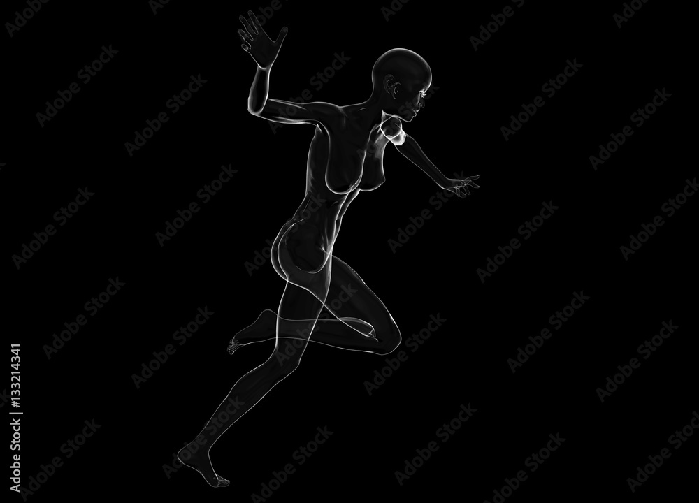Slim attractive sportswoman made of glass or soap bubble running against a black background. 3d illustration