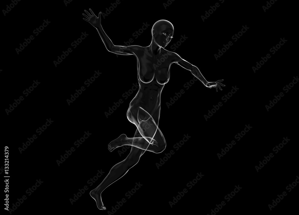 Slim attractive sportswoman made of glass or soap bubble running against a black background. 3d illustration