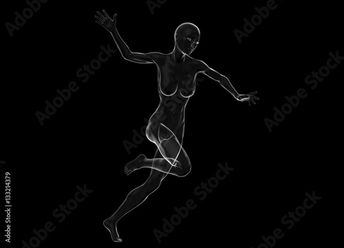 Slim attractive sportswoman made of glass or soap bubble running against a black background. 3d illustration