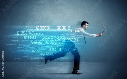 Business man running with device and data concept