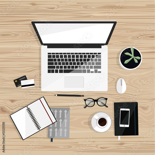 Office desktop with isolated laptop, notebooks, coffee, glasses, credit card. Top view. Wood background. Vector flat illustration. Freelance.