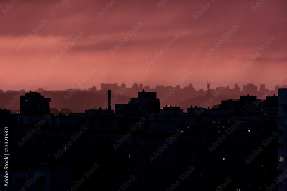 Cityscape at the Stormy Sunset. Kiev, Ukraine.