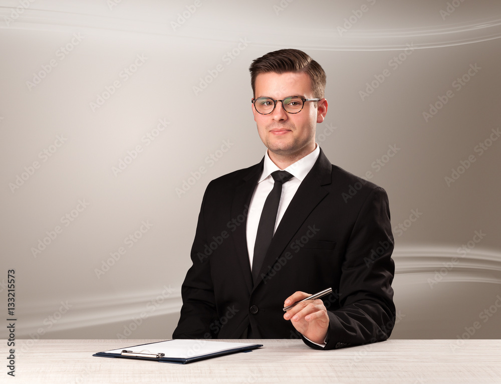 Televison host in live show with blank background Televison host in live show with blank background