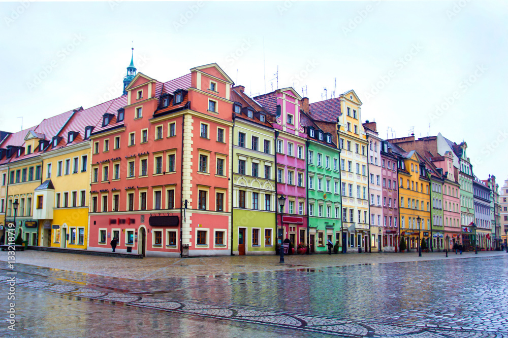 Many colorful buildings on city square