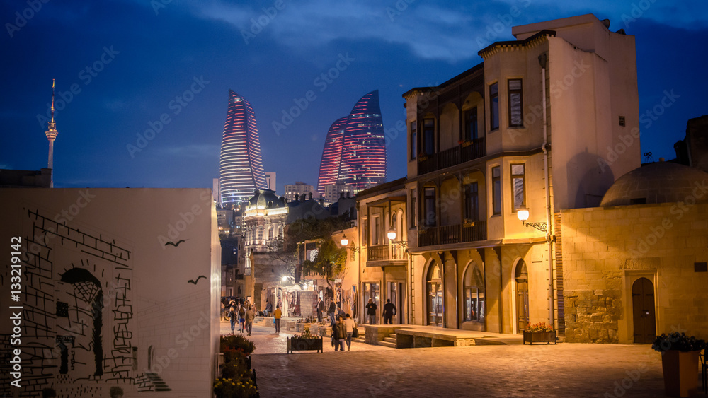 Baku, Azerbaijan - October 18, 2014: Panoramic view of Baku, from the old city looking at Flame Towers at night
