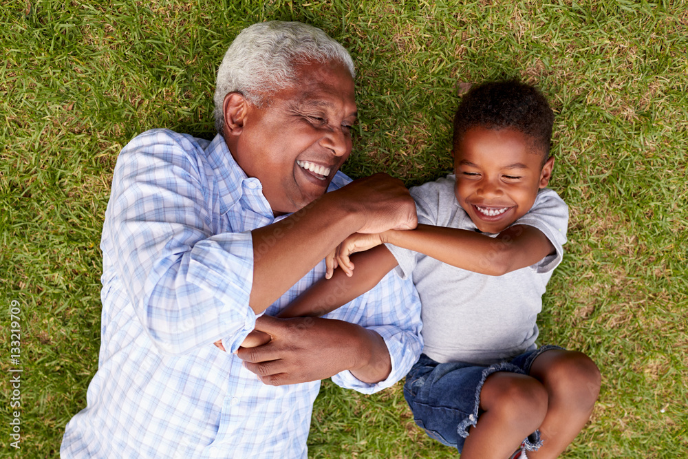 Grandfather and grandson play lying on grass, aerial view Grandfather and grandson play lying on grass, aerial view