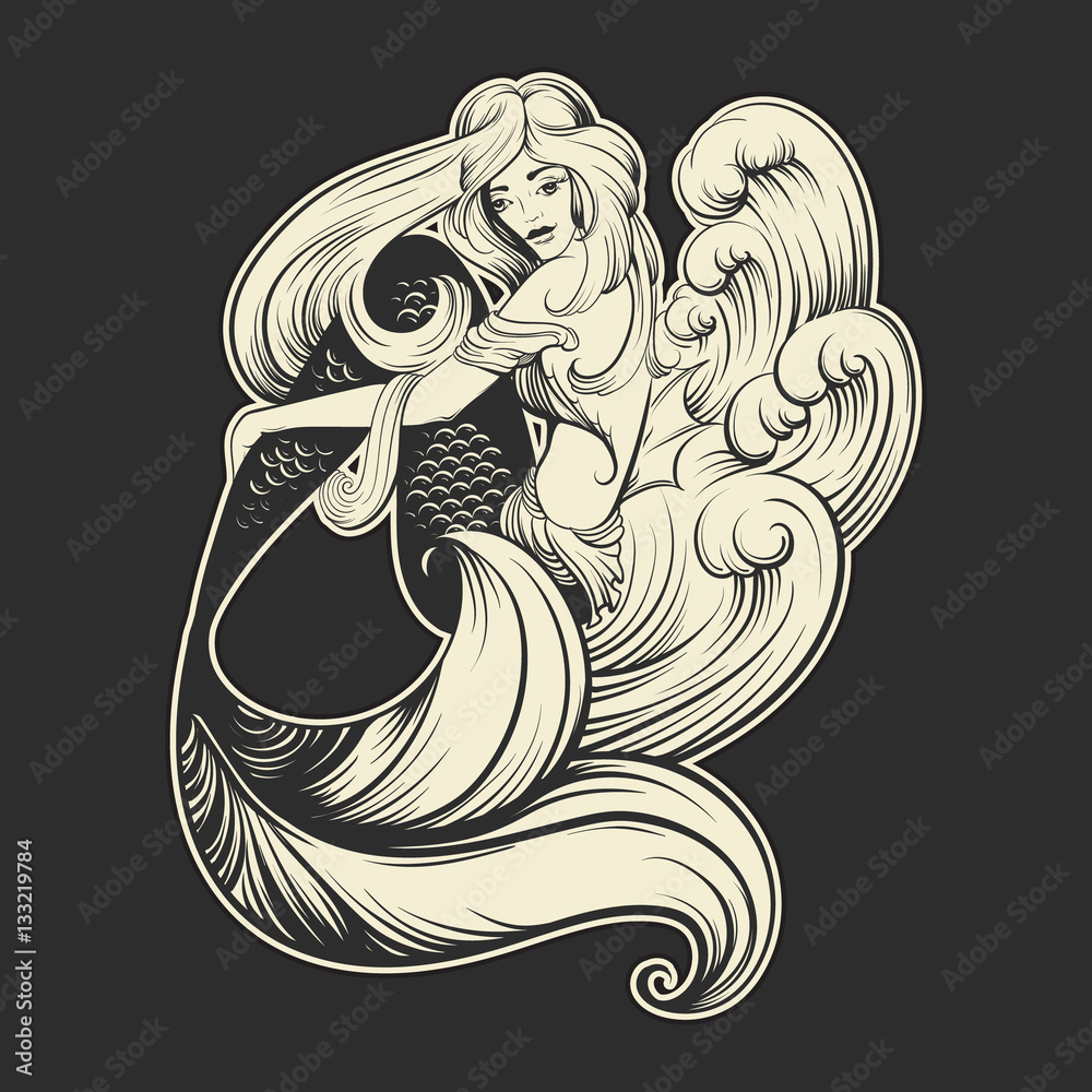 Vector illustration of beautiful mermaid with long hair and sea waves ...