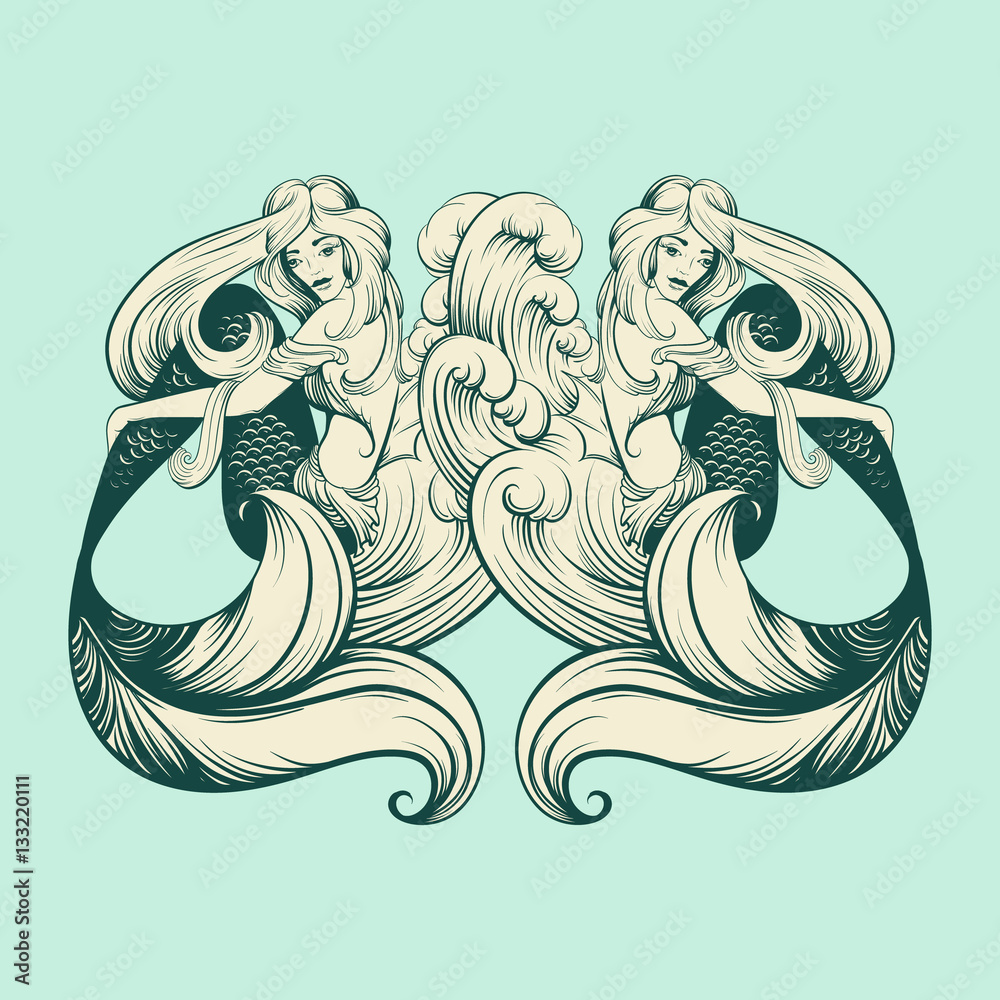 Φωτογραφία Vector illustration of beautiful mermaid with long hair and sea waves mad in realistic hand drawn sketch line stile