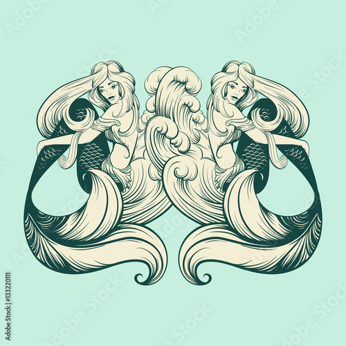 Vector illustration of beautiful mermaid with long hair and sea waves mad in realistic hand drawn sketch line stile. Template for postcard poster banner sticker badge and print for t-shirt