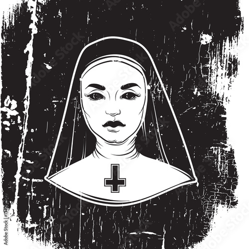 Vector illustration of nun with cross made in hand drawn horror line realistic style. Template for card poster banner print for t-shirt