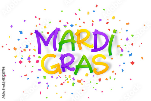 Traditional colors Mardi Gras hand drawn lettering sign in 3D style