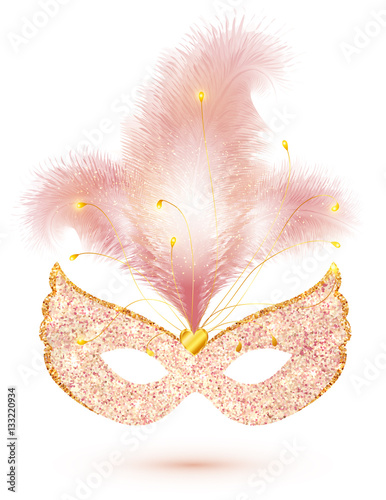 Pink shining glitter carnival mask with feathers isolated on white background
