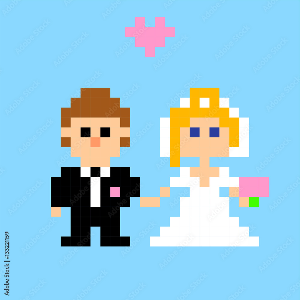 Pixel art. Newlyweds. Groom and bride in style of 8-bit game. Vector illustration