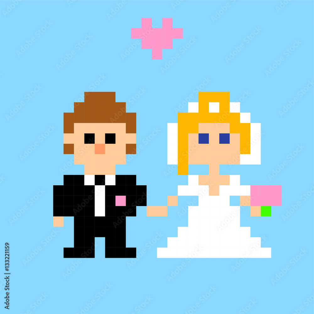 Pixel art. Newlyweds. Groom and bride in style of 8-bit game. Vector illustration Pixel art. Newlyweds. Groom and bride in style of 8-bit game. Vector illustration