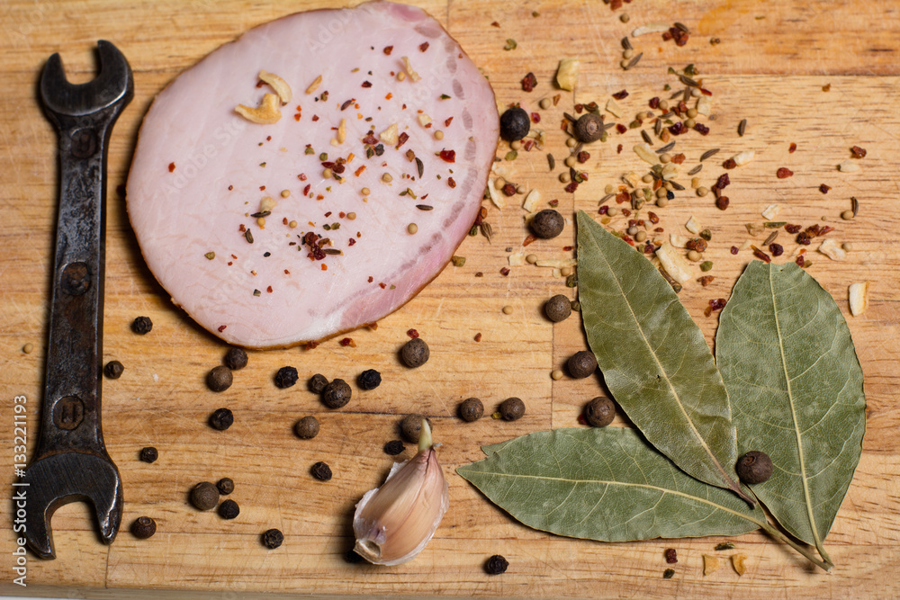 Spices on a cutting board, bacon Spices on a cutting board, bacon