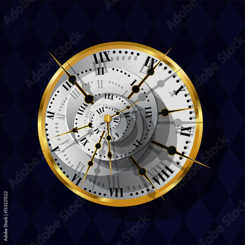 Photo Surrealistic gold watch with shooters and the Roman figures on  dark wonderland checkered background