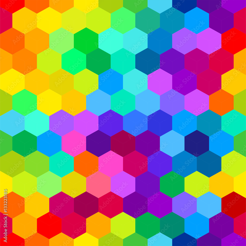 Colorful bright hexagons. Seamless pattern, abstract geometric background. Vector illustration