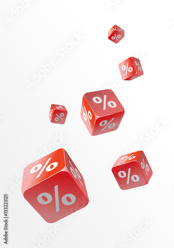 Discounts. Black friday and Cyber monday sale. Red dice with white signs of percent fall on a white background. Vector illustration
