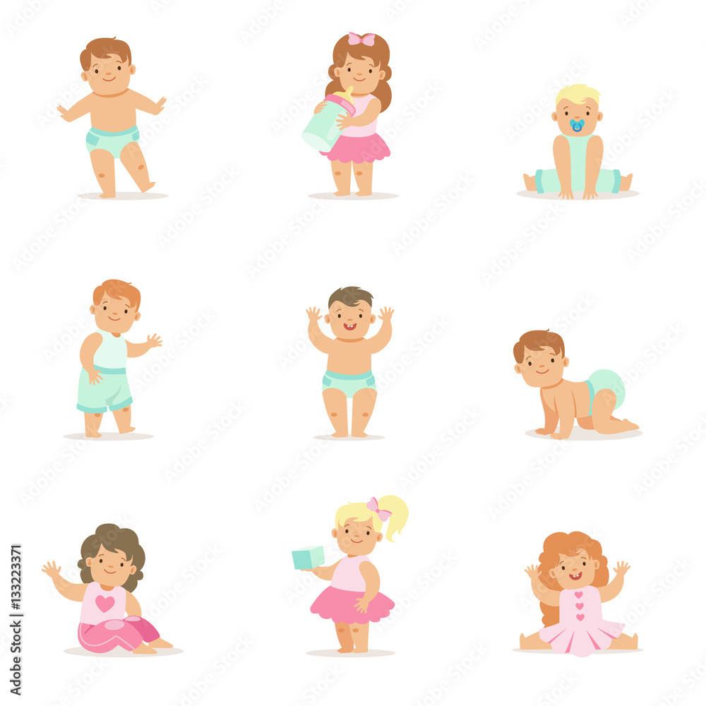 Adorable Smiling Babies And Toddlers In Blue And Pink Outfits Doing First Steps, Crawling And Playing Set Of Illustrations Adorable Smiling Babies And Toddlers In Blue And Pink Outfits Doing First Steps, Crawling And Playing Set Of Illustrations
