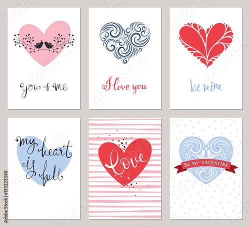 Six Valentine's greeting cards with typographic design and decorative heart shapes. Vector illustration.