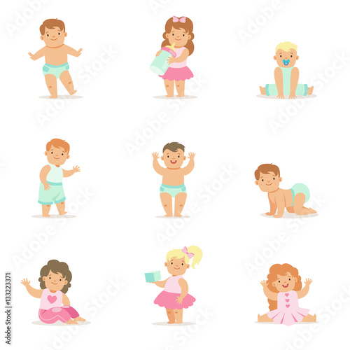 Adorable Smiling Babies And Toddlers In Blue And Pink Outfits Doing First Steps  Crawling And Playing Set Of Illustrations