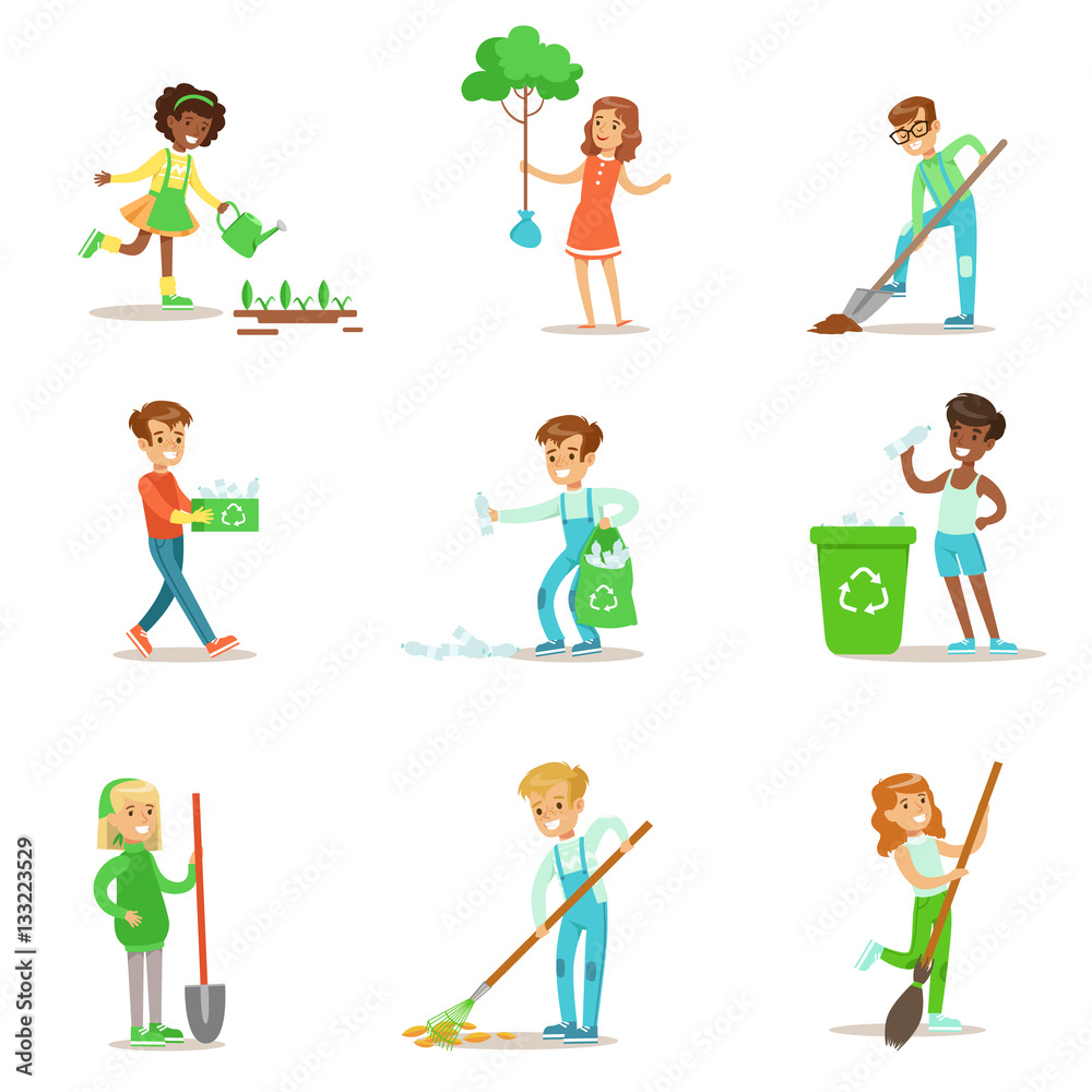 Children Helping In Eco-Friendly Gardening, Planting Trees, Cleaning Up Outdoors, Recycling The Garbage And Watering Sprouts