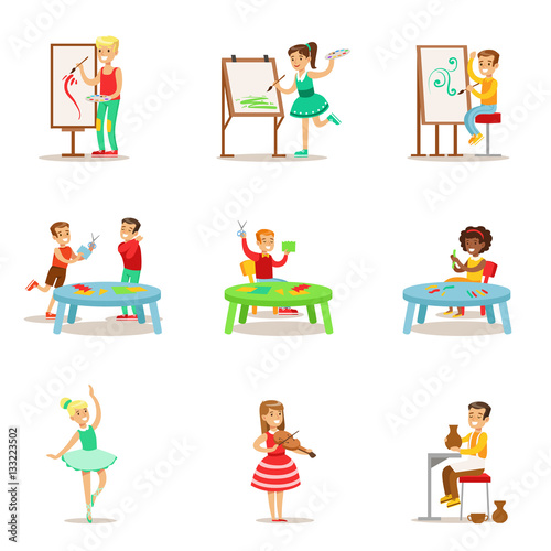 Creative Children Practicing Different Arts And Crafts In Art Class And By Themselves Set Of Kids And Creativity Themed Illustrations