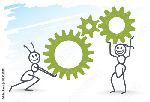 2 ants holding 3 green gears
