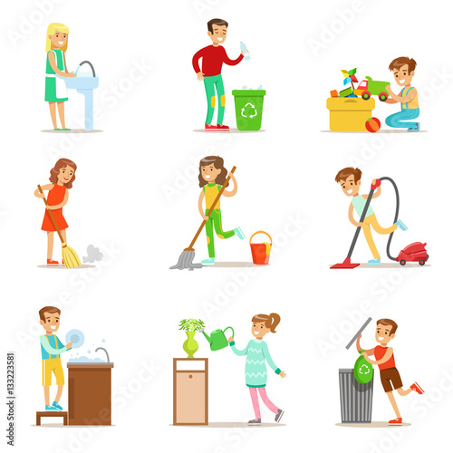 Children Helping With Home Cleanup, Washing The Floor, Throwing Out Garbage And Watering Plants