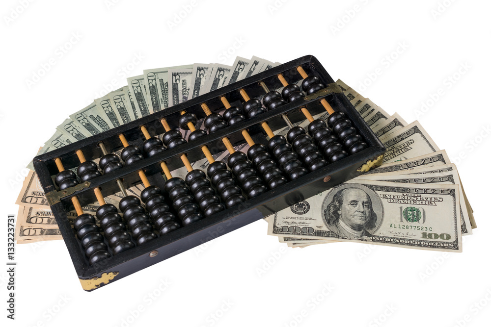 Currency war.Wooden abacus beads and US dollar banknote,isolated white background with clipping path include. Currency war.Wooden abacus beads and US dollar banknote,isolated white background with clipping path include.