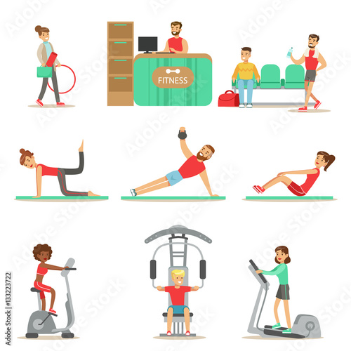 People Member Of The Fitness Class Working Out, Exercising With And Without Sport Simulators, Training In Trendy Sportswear