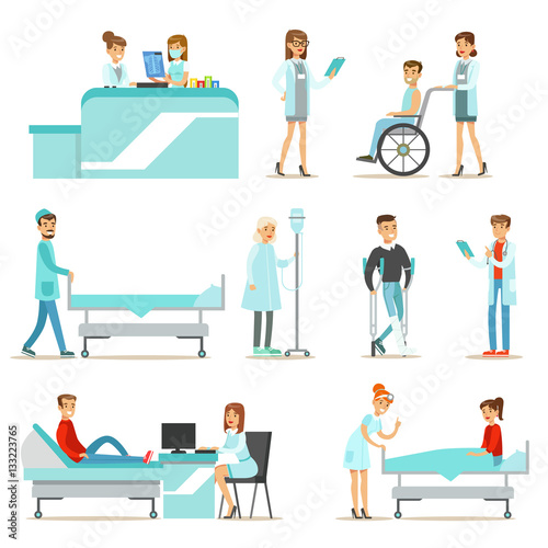 Injured And Sick Patients In The Hospital Receiving Medical Treatment From Professional Doctors And Nurses