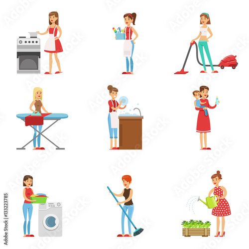 Happy Modern Housewives Cleaning And Housekeeping, Performing Different Household Duties With A Smile