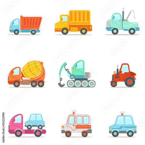Public Service, Construction And Road Working Cars Set Of Colorful Toy Cartoon Icons