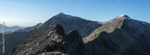 A view all the way along Crib Goch and the summit of Snowdon in north wales. photo