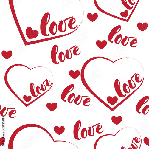 Romantic red love and heart pattern background. Vector illustration for holiday design. Many flying words love on white background
