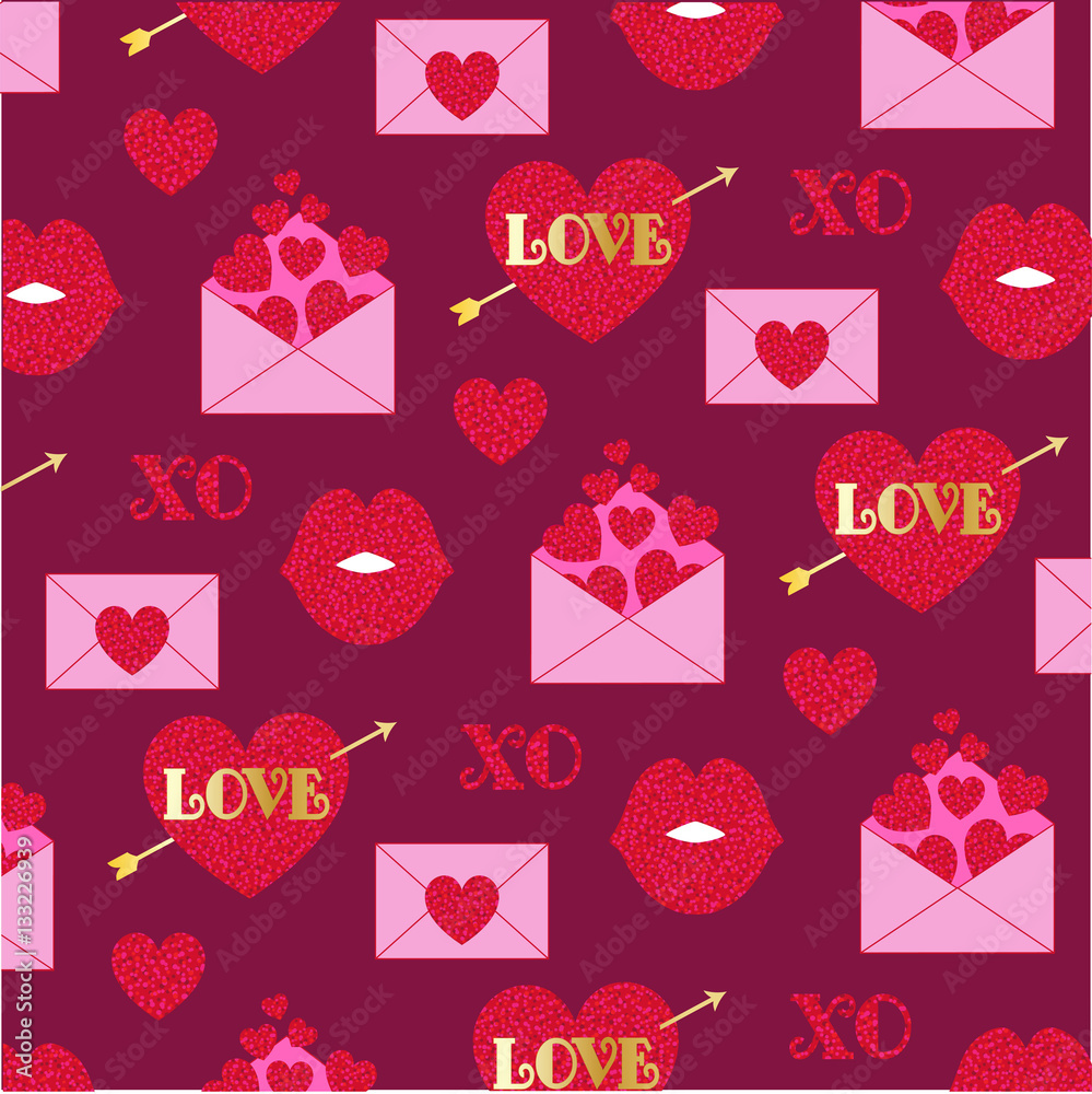 Glitter valentines day pattern on red