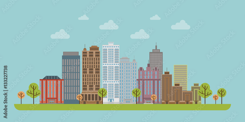 City buildings set. Green trees.