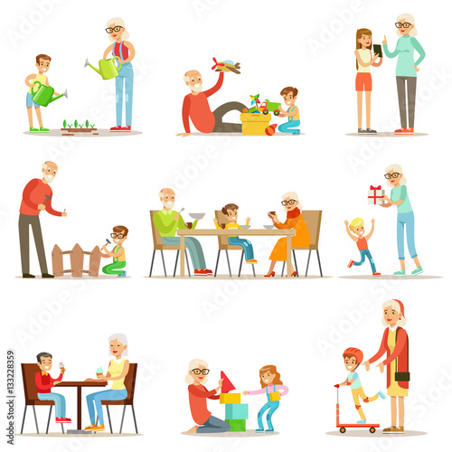 Grandfather And Grandmother Spending Time Playing With Grandkids, Small Boys And Girls With Their Grandparents Vector Collection
