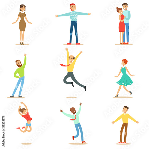 People Overwhelmed Of Happiness And Joyfully Ecstatic Collection Of Happy Smiling Cartoon Characters