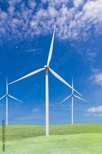 Wind turbines on grass field and blue sky