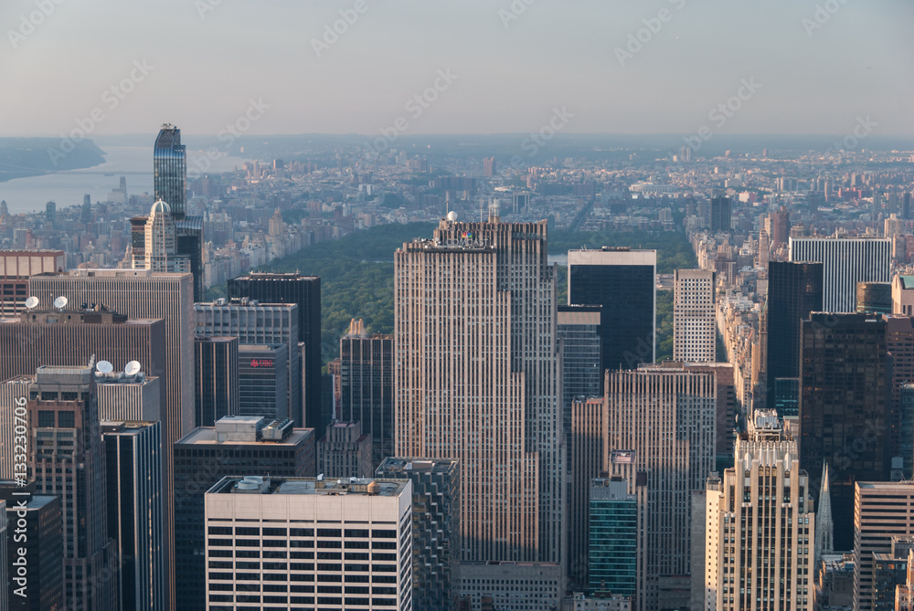 Aerial of Manhattan skyscrapers and Central Park