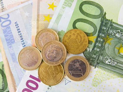 Euro coins and bills