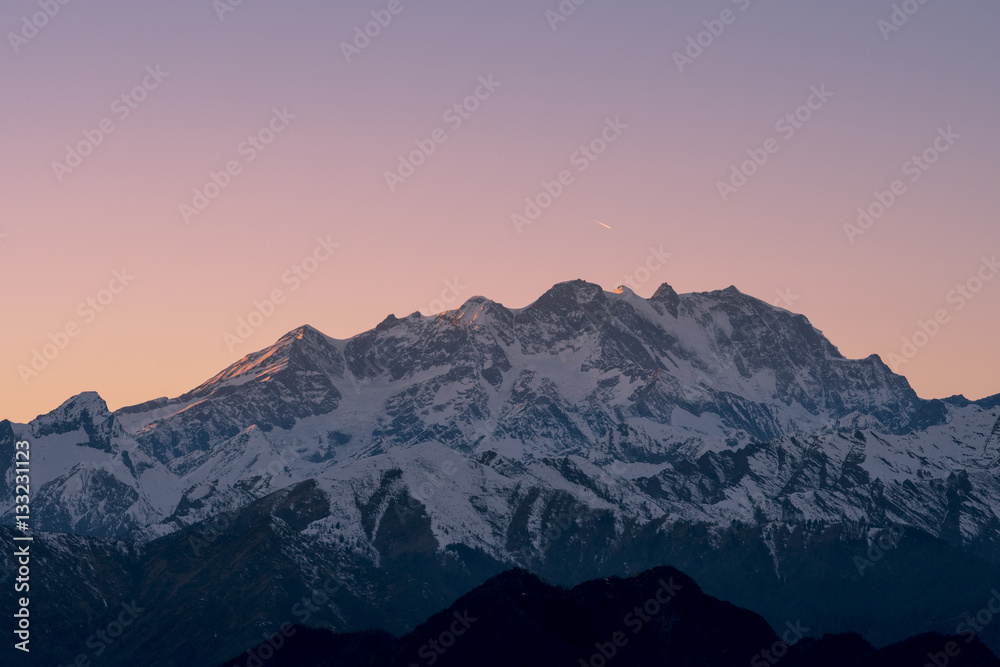 Monte Rosa mountain (Italian Alps) seen from Valsesia in winter at sunset