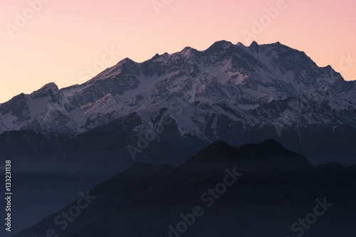 Monte Rosa mountain (Italian Alps) seen from Valsesia in winter at sunset