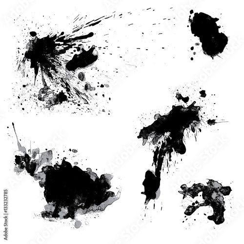 Set of black blots and ink splashes isolated on white background