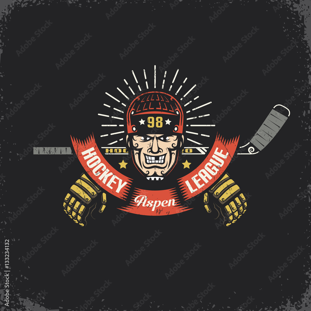 Fototapeta premium Head of of a hockey player with a stick, ribbon and gloves - retro logo. Layered vector illustration - grunge texture, text, background separately and can be easily disabled.