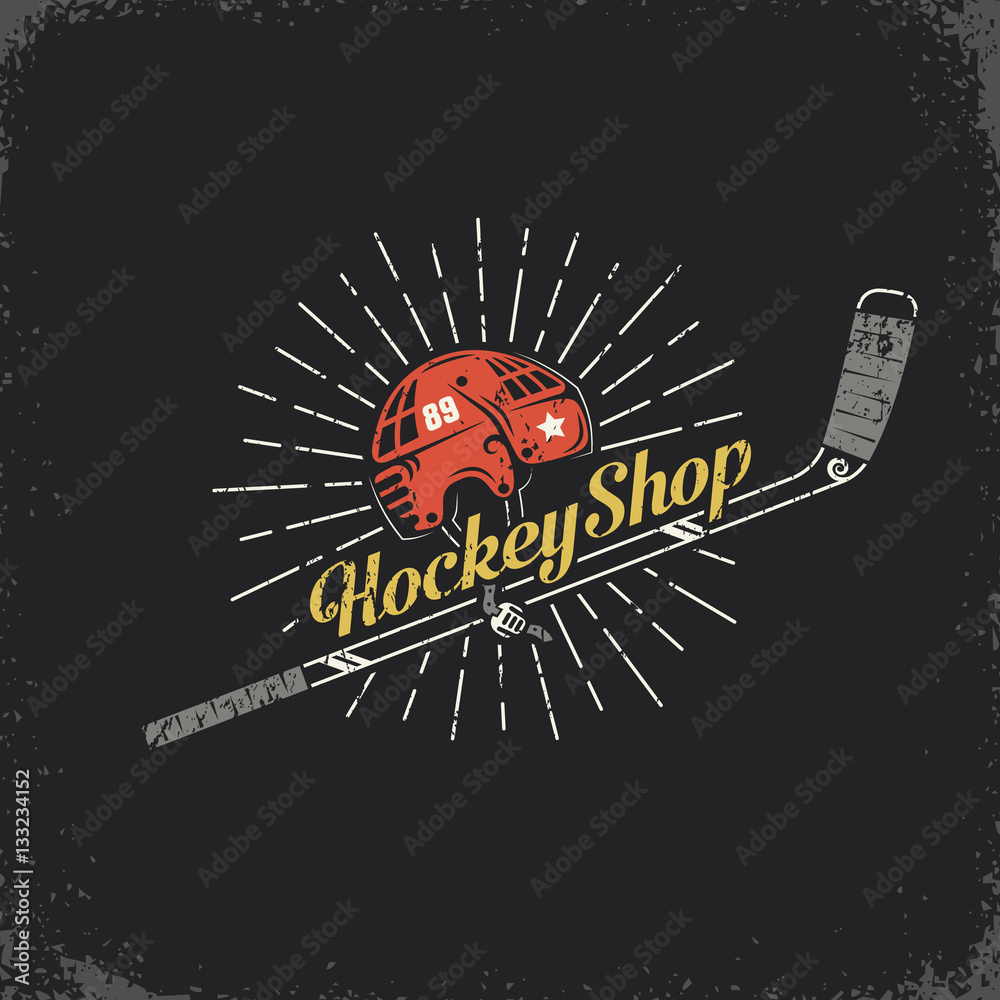 Fototapeta premium Retro logo for the hockey shop - stick, helmet and inscription. Layered vector illustration - grunge texture, text, background separately and can be easily disabled.