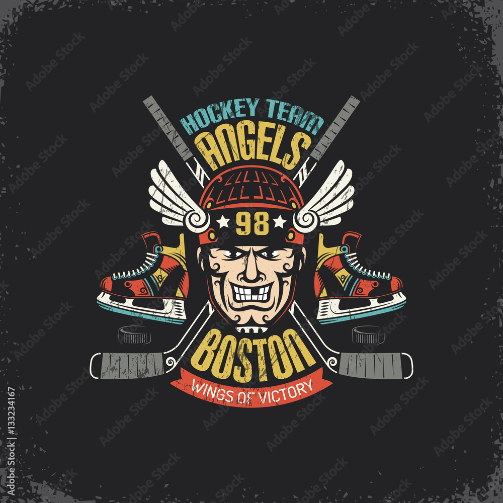 Vintage logo for hockey team with player head, crossed sticks, skates and puck. Layered vector illustration - grunge texture, text, background separately and can be easily disabled.