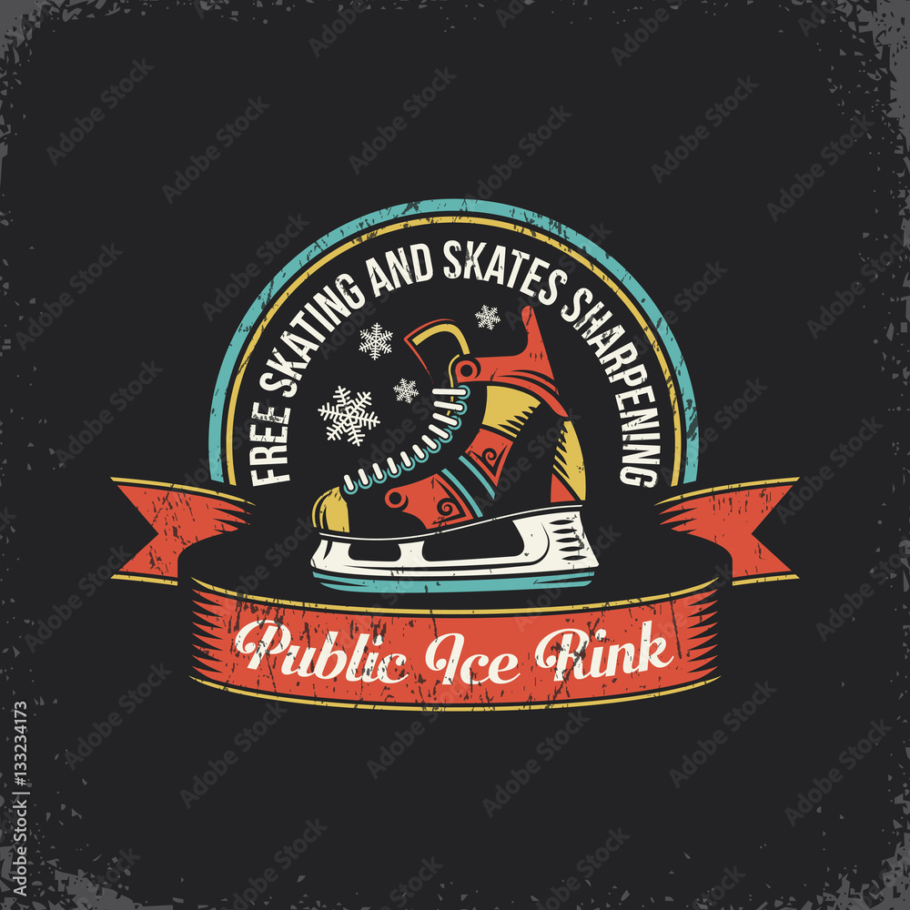 Fototapeta premium Retro logo ice skating rink with skate and vintage ribbon. Layered vector illustration - grunge texture, text, background separately and can be easily disabled.